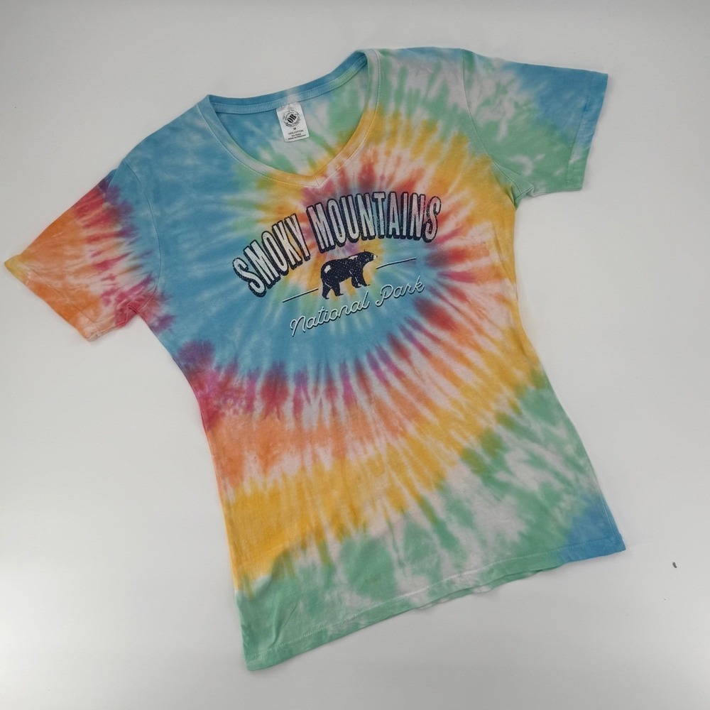 Rainbow Tiedye V-Neck Logo T-shirt Smoky Mountains National Park Size Women's M - Picture 3 of 6
